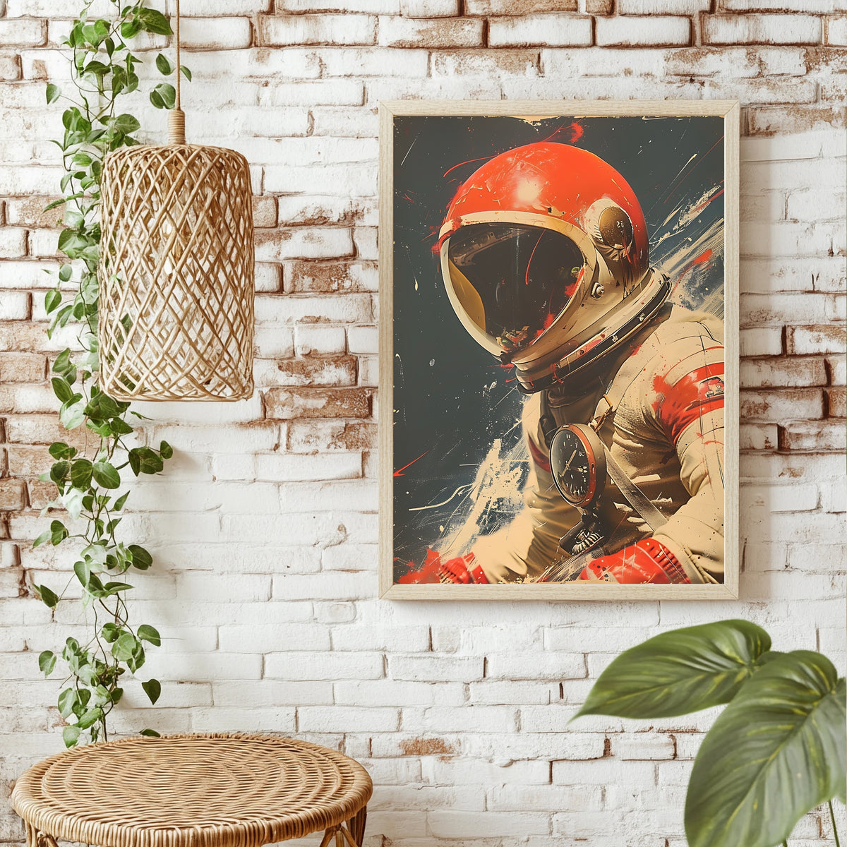 Astronaut mit rotem Helm und Borduhr im Vintage-Stil