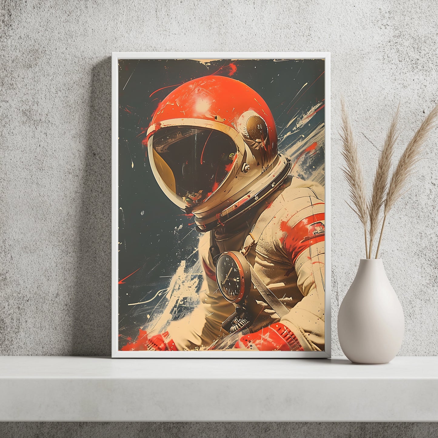 Astronaut mit rotem Helm und Borduhr im Vintage-Stil
