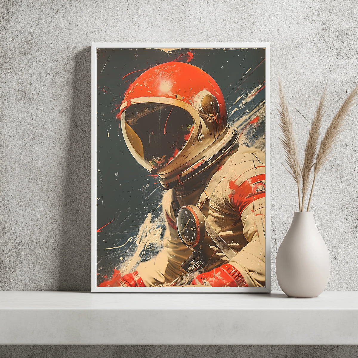 Astronaut mit rotem Helm und Borduhr im Vintage-Stil