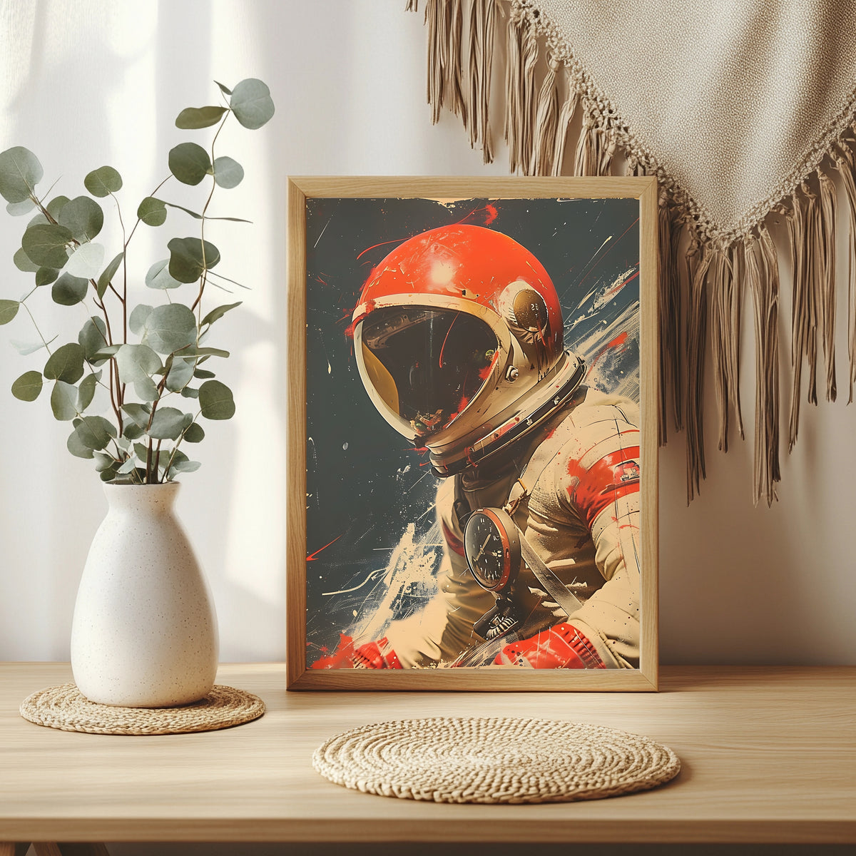 Astronaut mit rotem Helm und Borduhr im Vintage-Stil