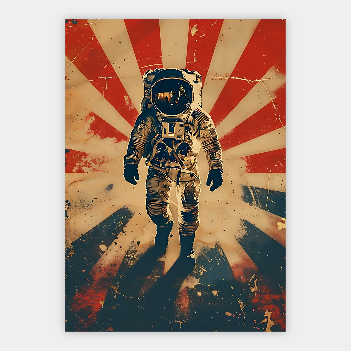 Astronaut vor rot-weißem Strahlenmuster im Americana-Retro-Stil