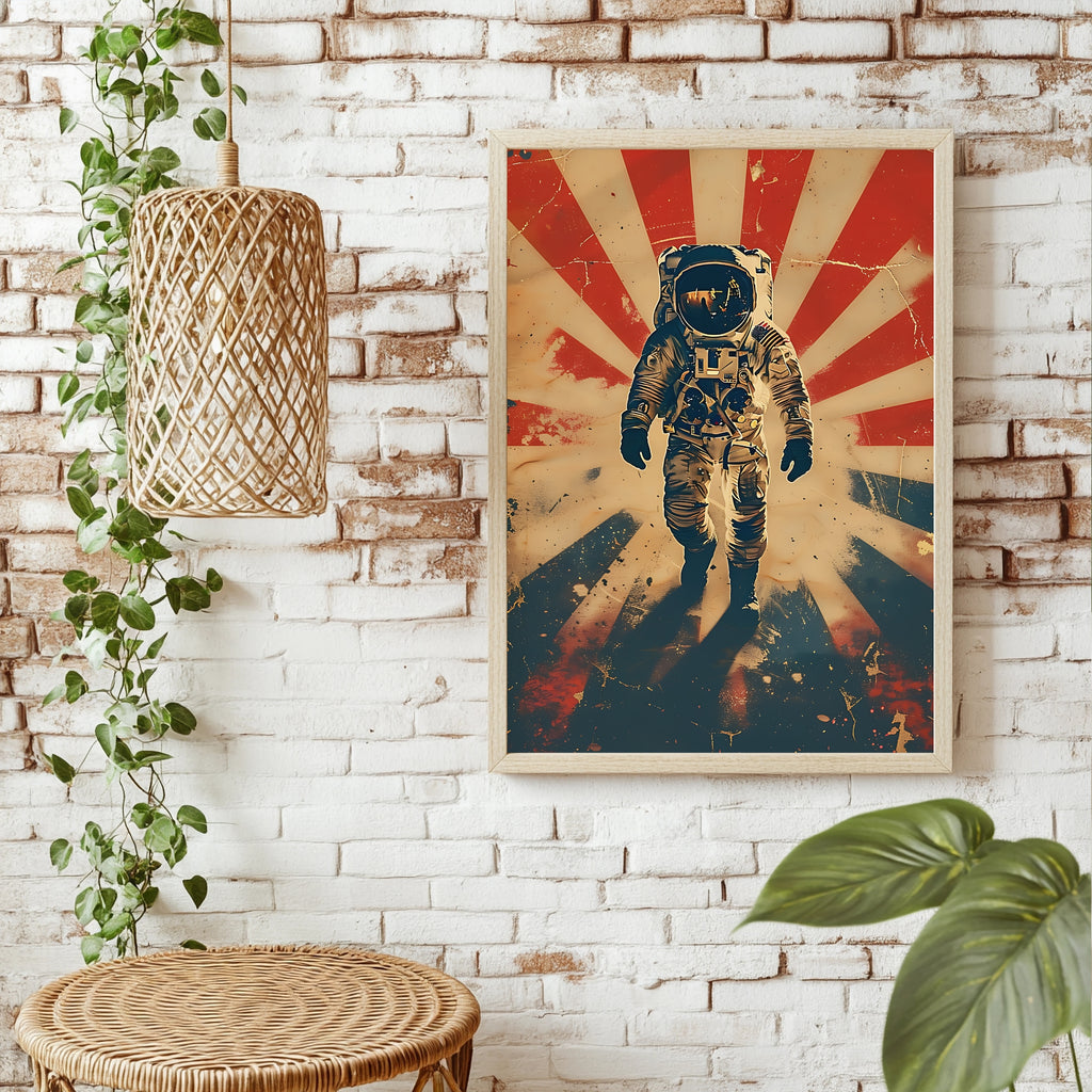 Astronaut vor rot-weißem Strahlenmuster im Americana-Retro-Stil