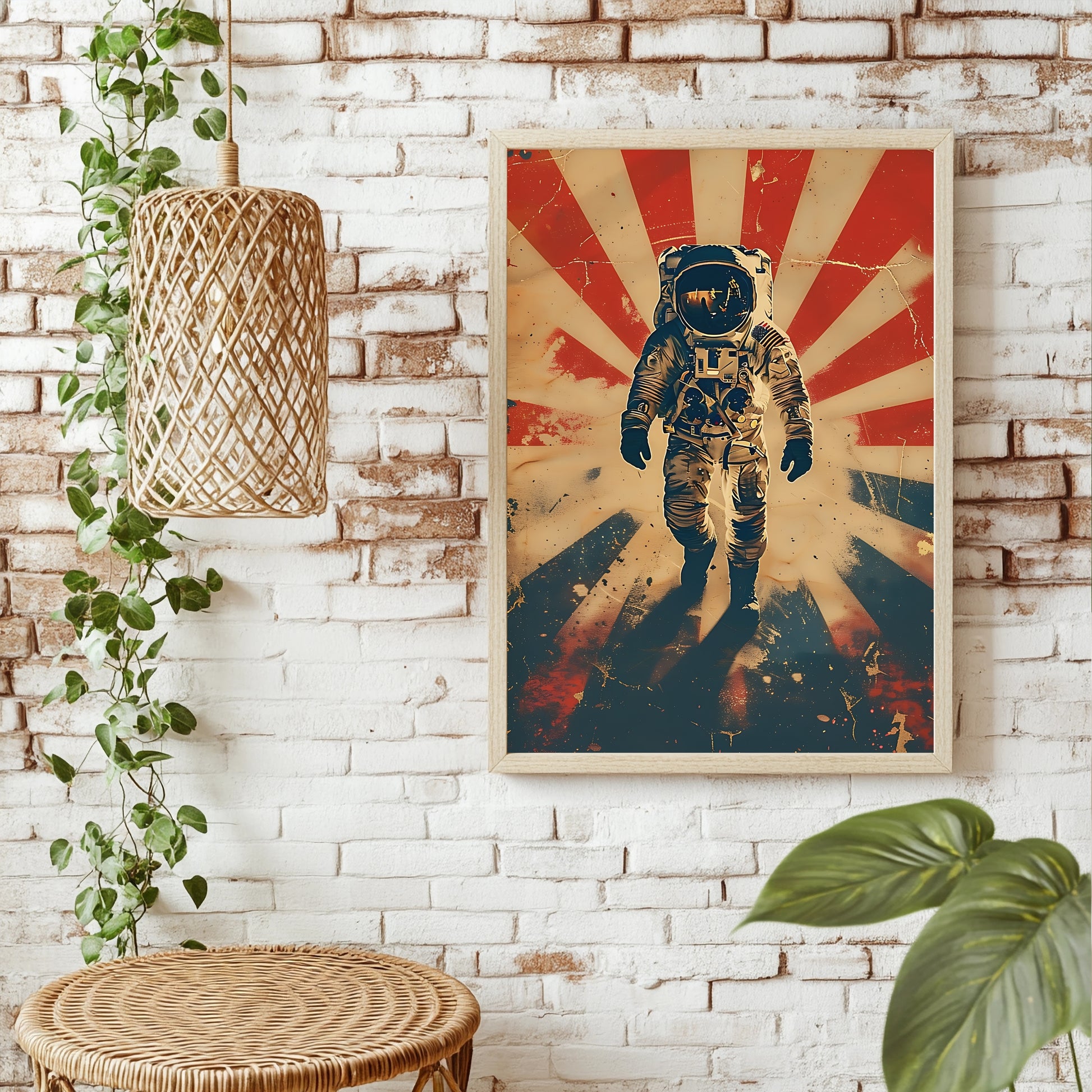 Astronaut vor rot-weißem Strahlenmuster im Americana-Retro-Stil