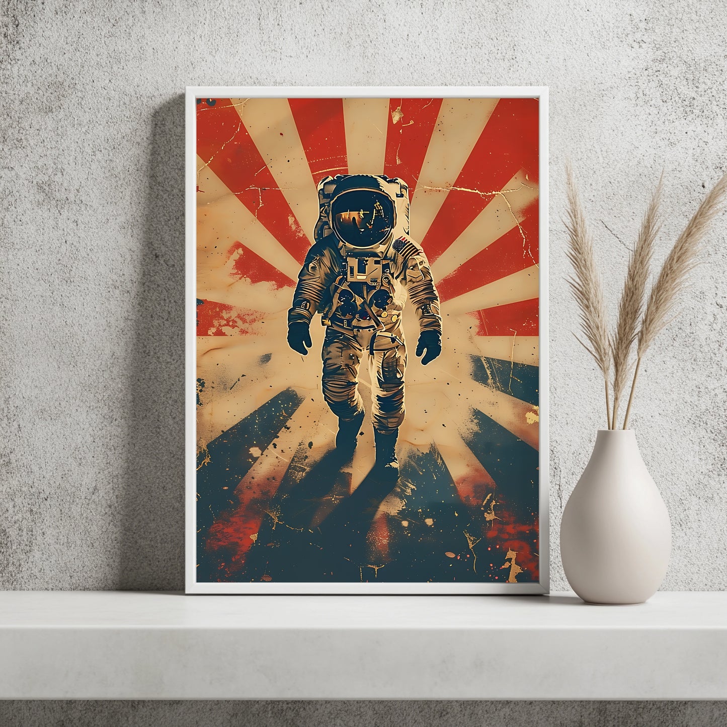 Astronaut vor rot-weißem Strahlenmuster im Americana-Retro-Stil