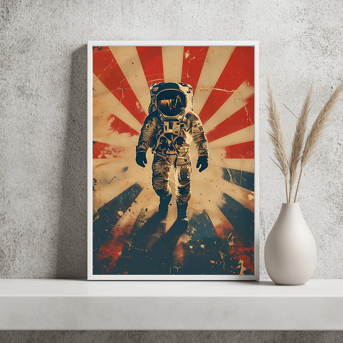 Astronaut vor rot-weißem Strahlenmuster im Americana-Retro-Stil