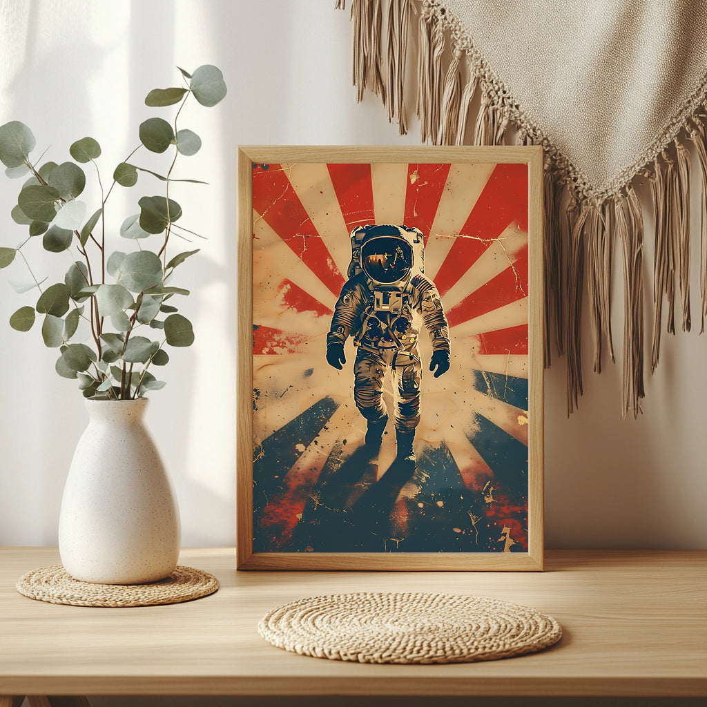 Astronaut vor rot-weißem Strahlenmuster im Americana-Retro-Stil