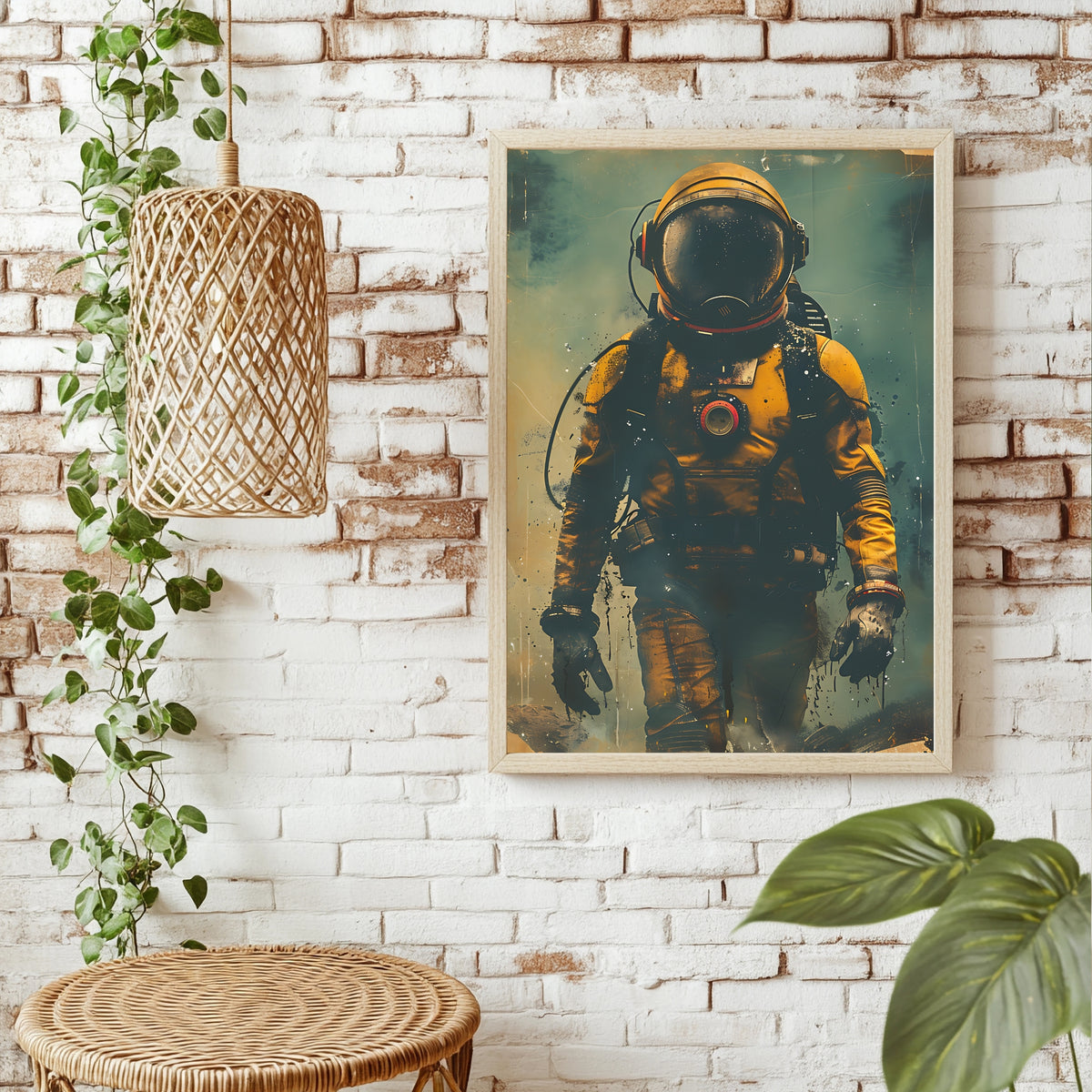 Astronaut im verwitterten gelben Raumanzug vor türkisfarbenem Hintergrund
