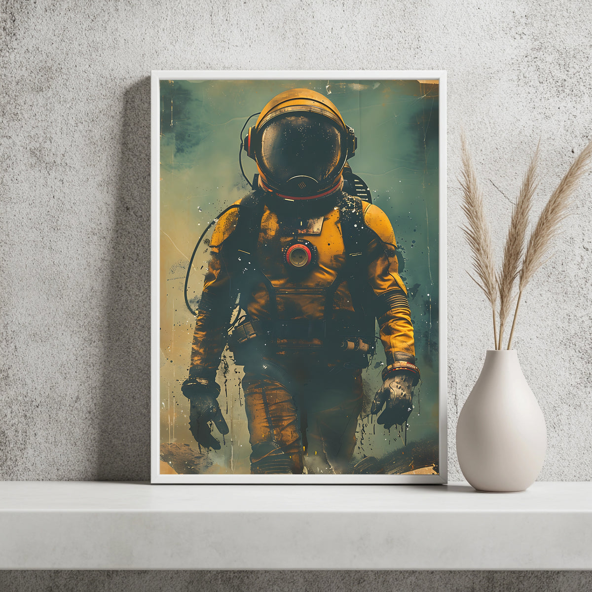 Astronaut im verwitterten gelben Raumanzug vor türkisfarbenem Hintergrund
