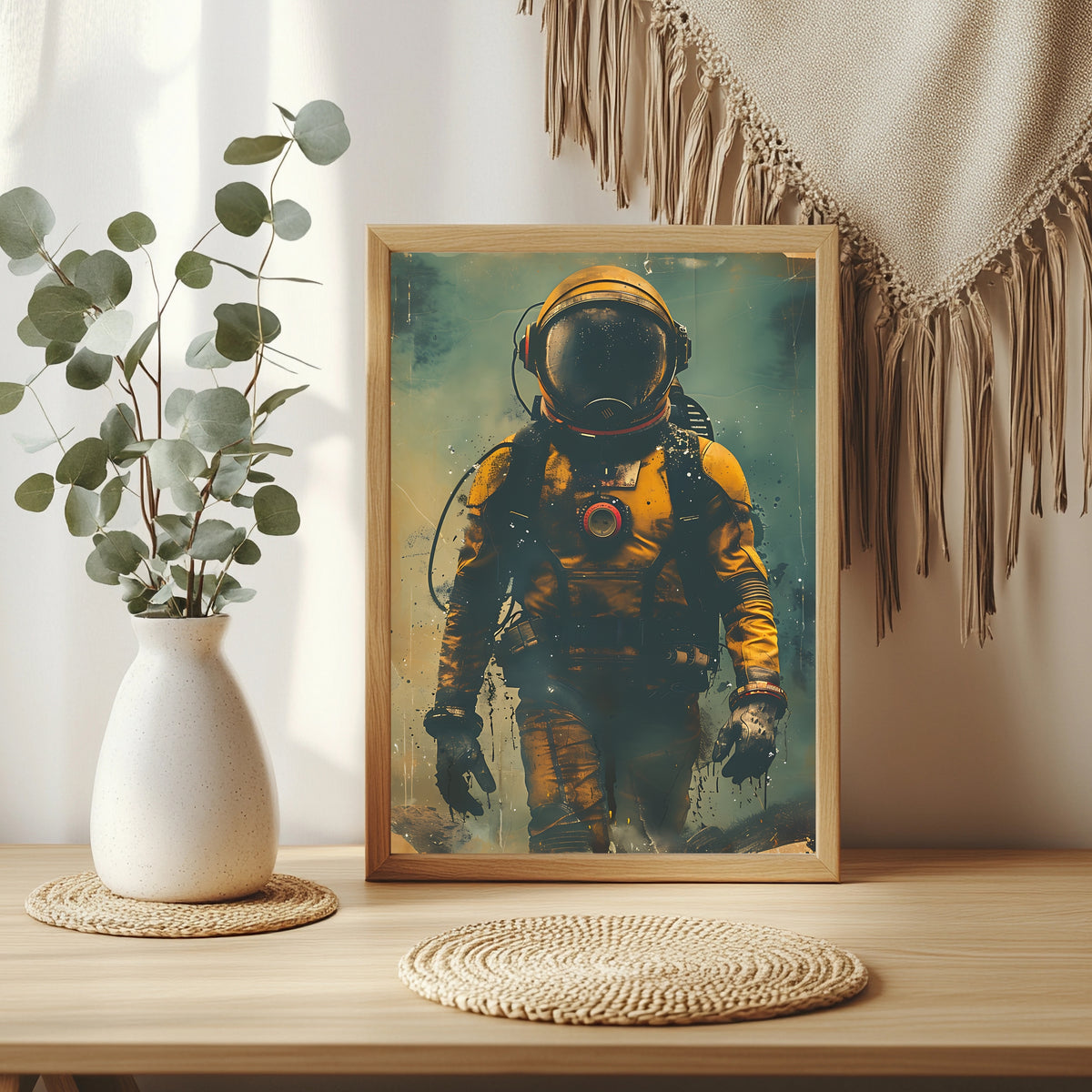 Astronaut im verwitterten gelben Raumanzug vor türkisfarbenem Hintergrund
