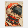 Detailaufnahme eines orangefarbenen Astronautenhelms mit Sternenreflexion