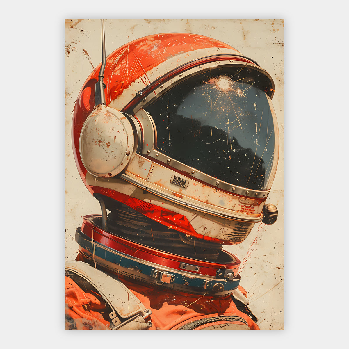 Detailaufnahme eines orangefarbenen Astronautenhelms mit Sternenreflexion