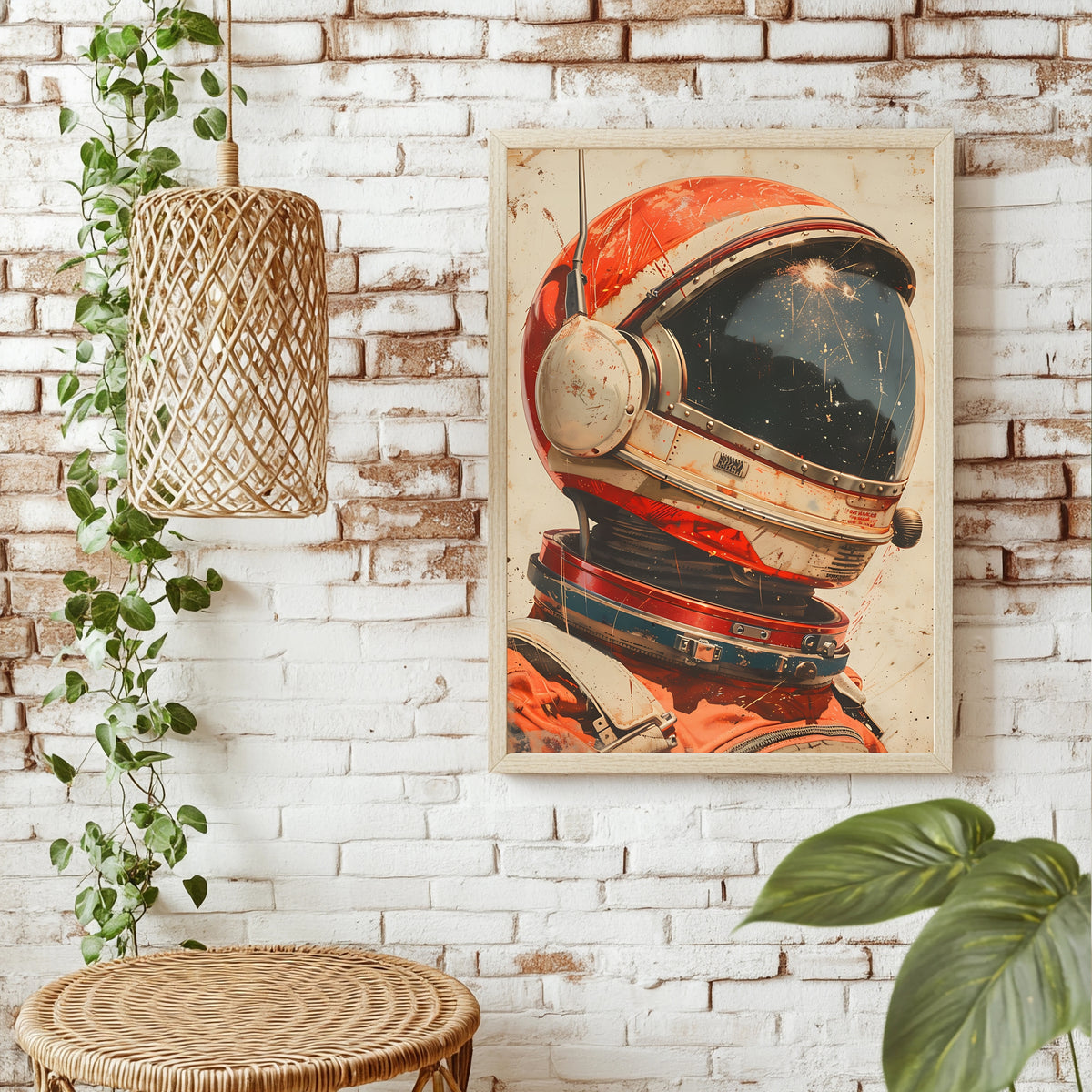 Detailaufnahme eines orangefarbenen Astronautenhelms mit Sternenreflexion