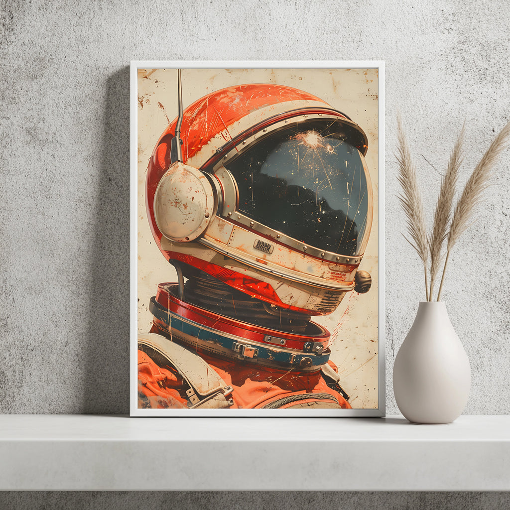 Detailaufnahme eines orangefarbenen Astronautenhelms mit Sternenreflexion