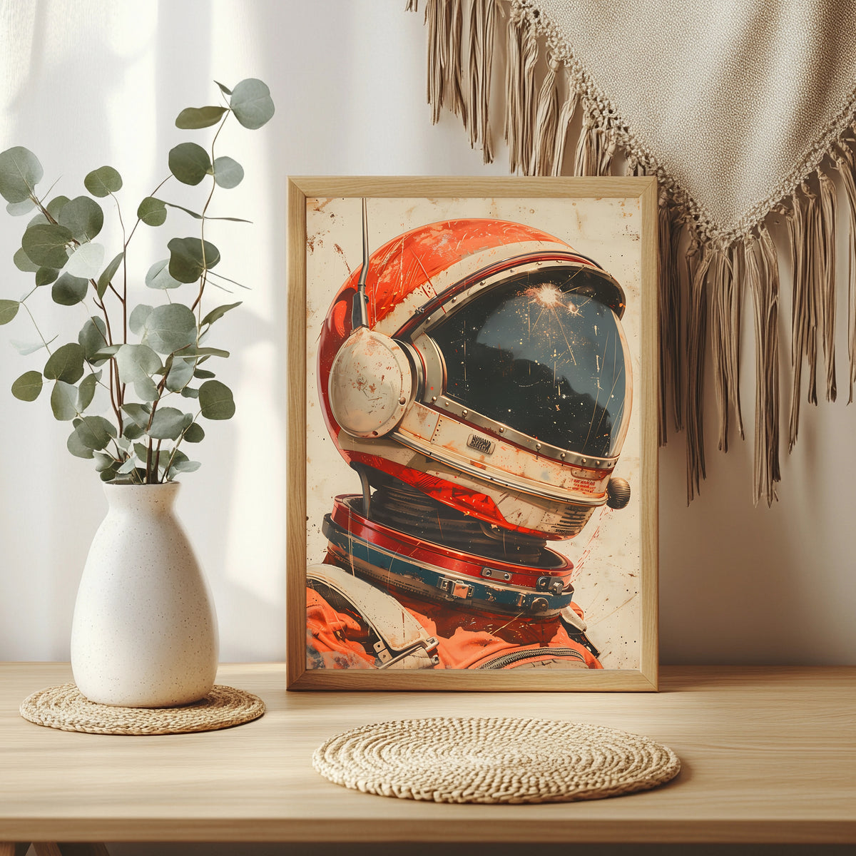 Detailaufnahme eines orangefarbenen Astronautenhelms mit Sternenreflexion