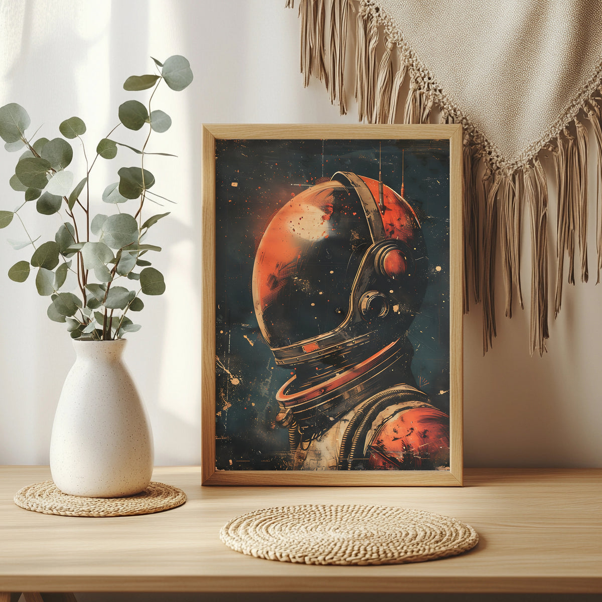 Astronautenhelm im Profil vor tiefrotem Hintergrund mit Antennen