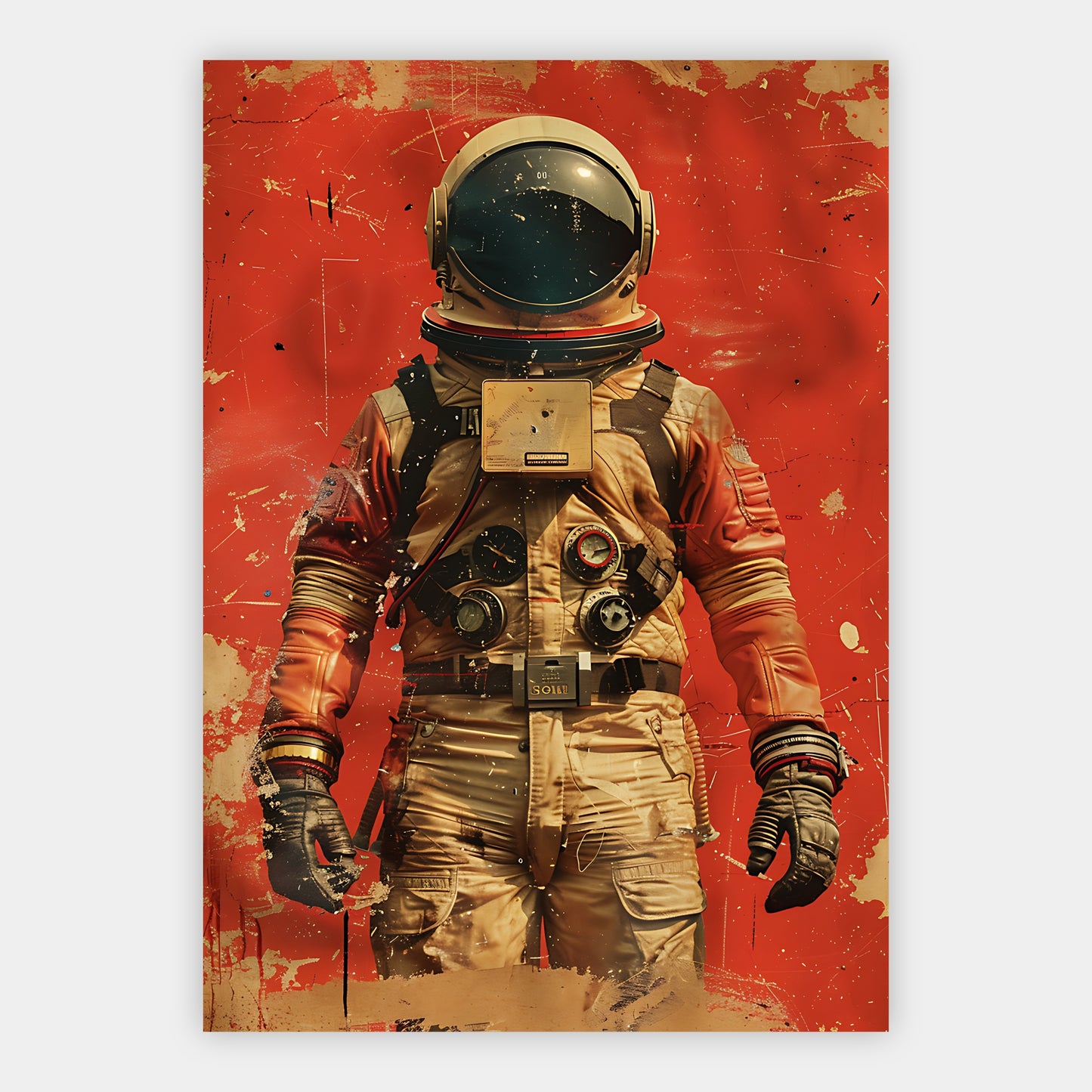 Astronaut mit zahlreichen Bordinstrumenten vor rotem Hintergrund