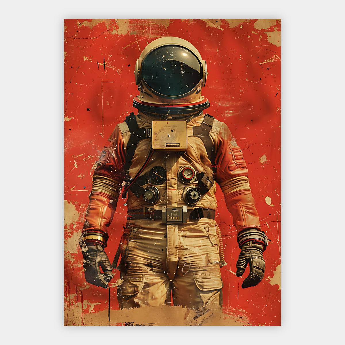 Astronaut mit zahlreichen Bordinstrumenten vor rotem Hintergrund