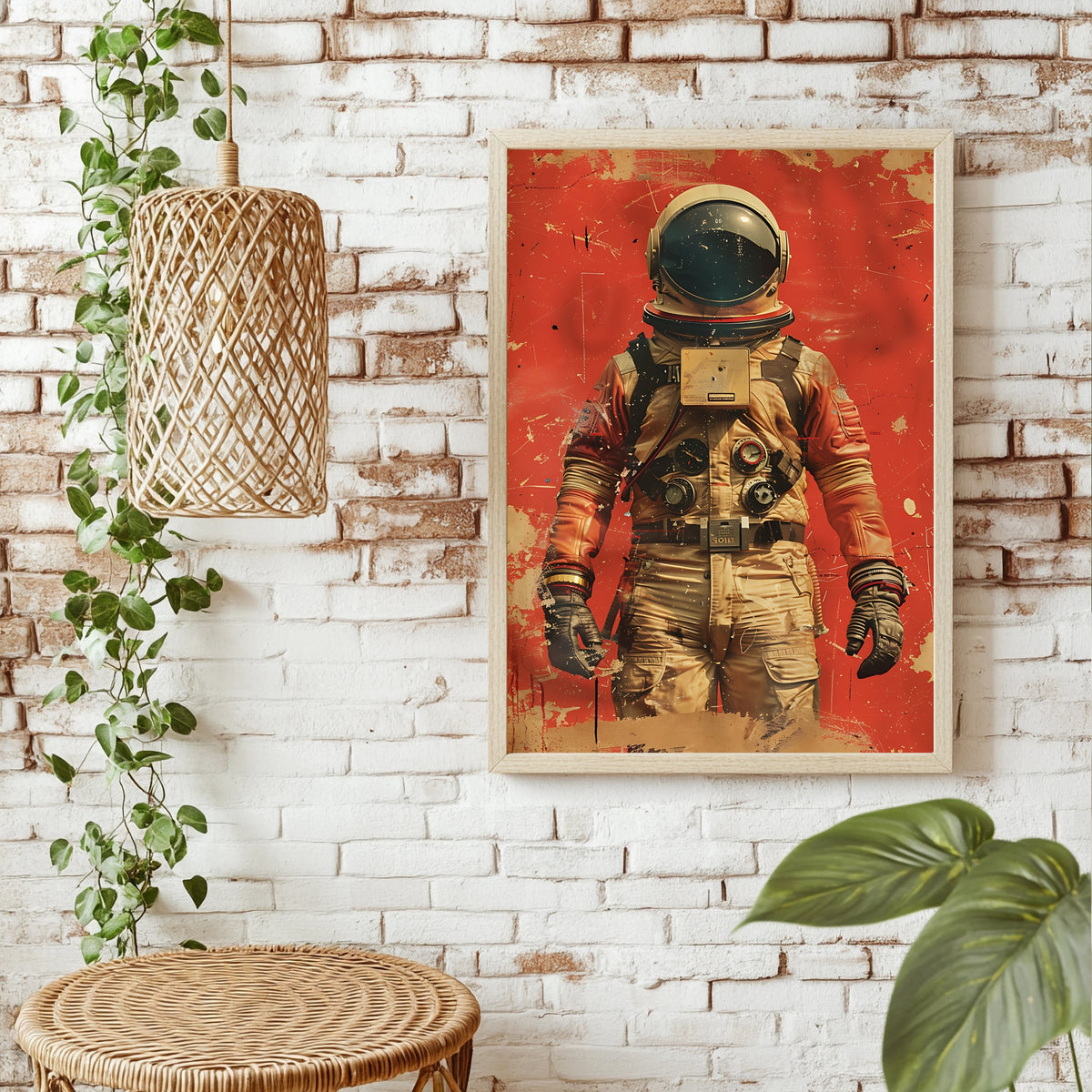 Astronaut mit zahlreichen Bordinstrumenten vor rotem Hintergrund