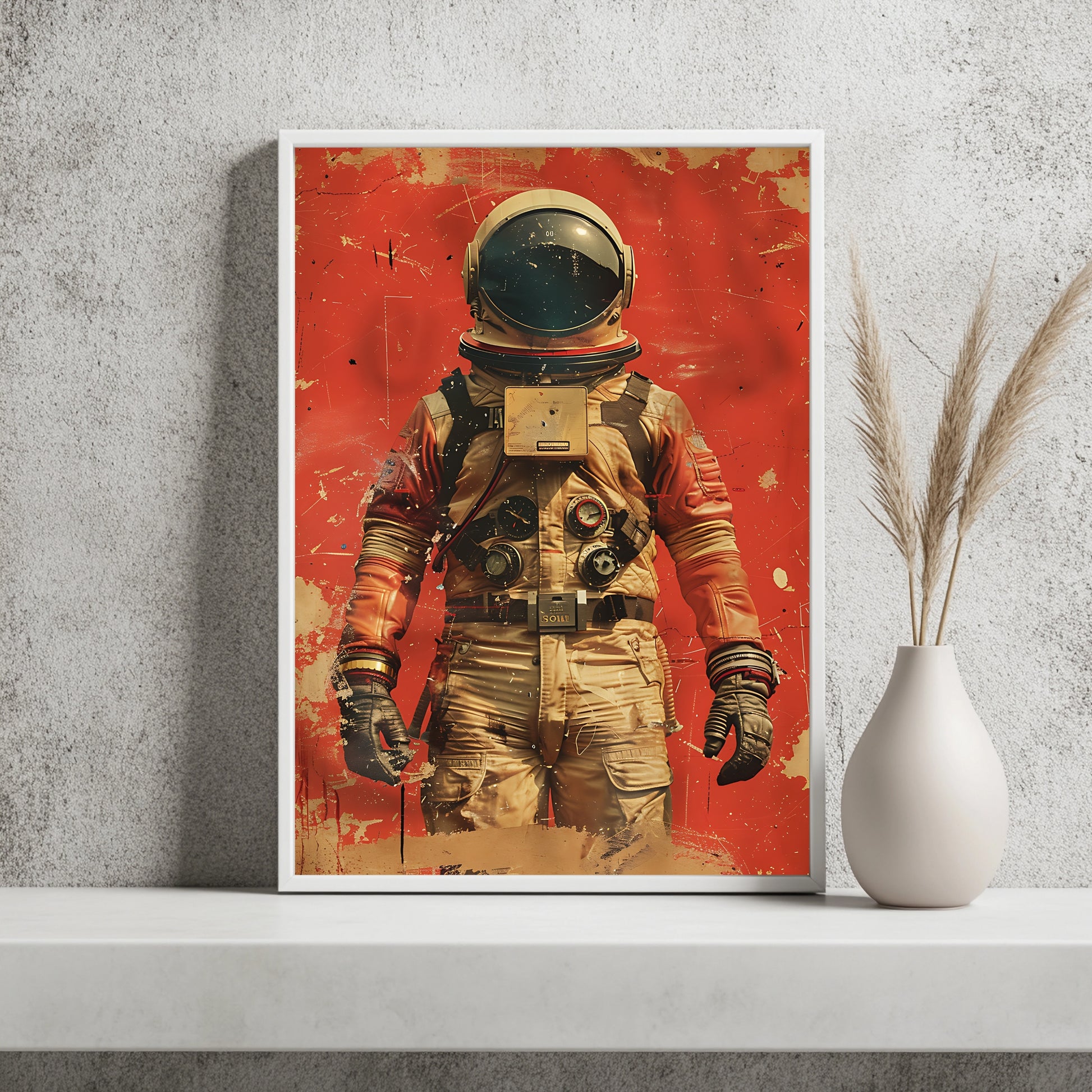 Astronaut mit zahlreichen Bordinstrumenten vor rotem Hintergrund