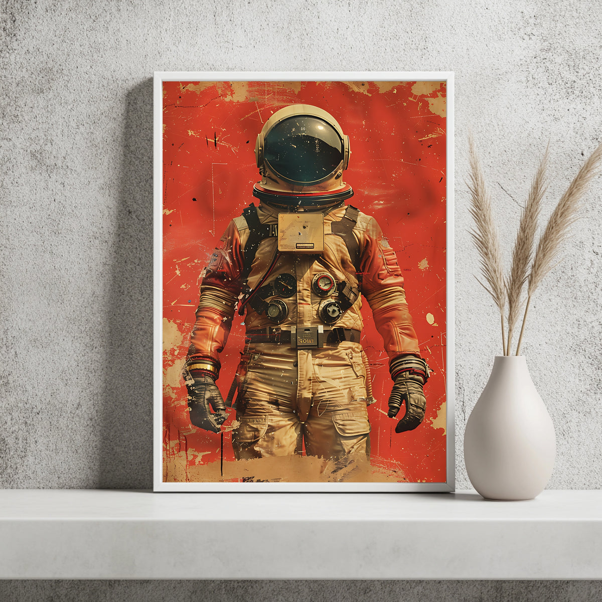 Astronaut mit zahlreichen Bordinstrumenten vor rotem Hintergrund
