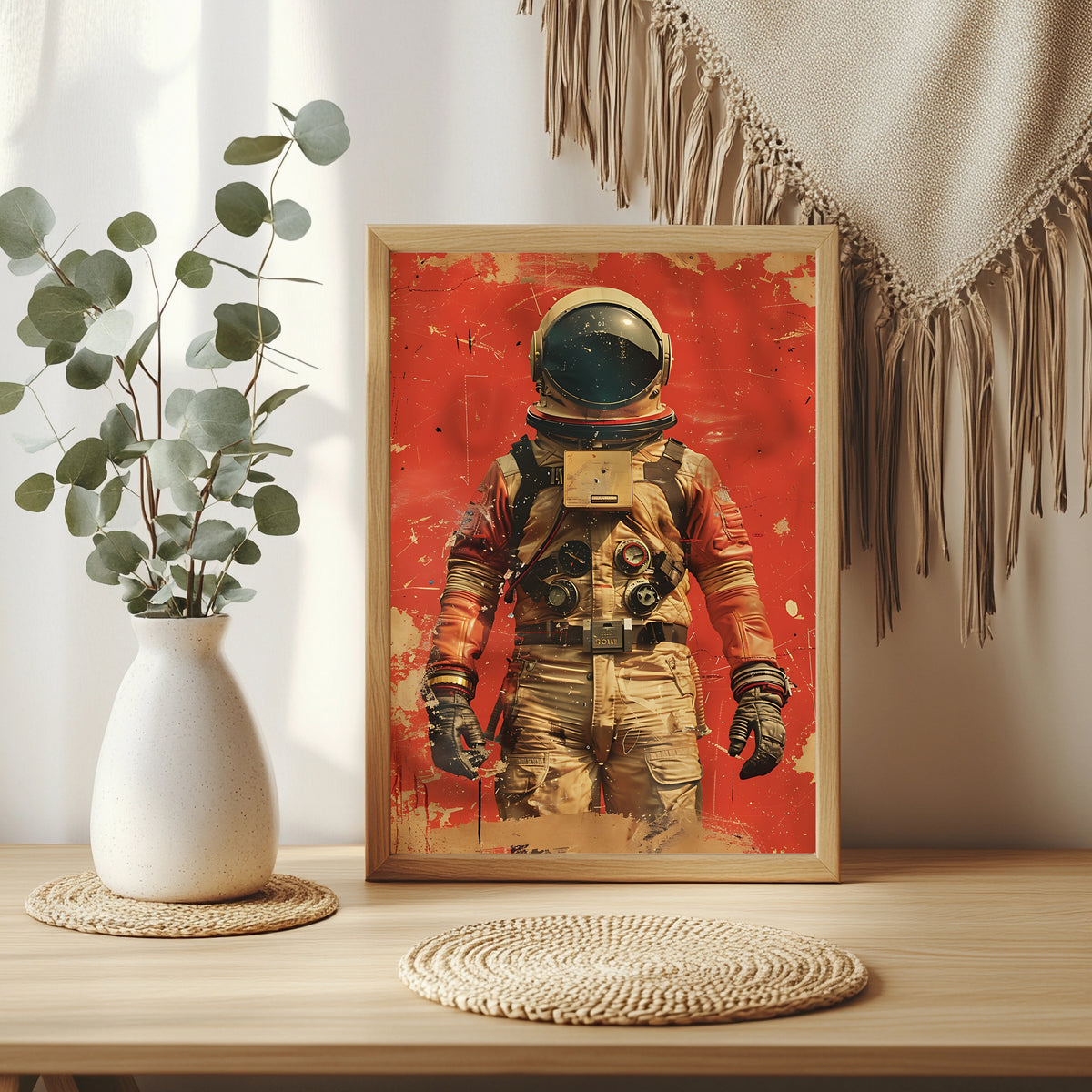 Astronaut mit zahlreichen Bordinstrumenten vor rotem Hintergrund