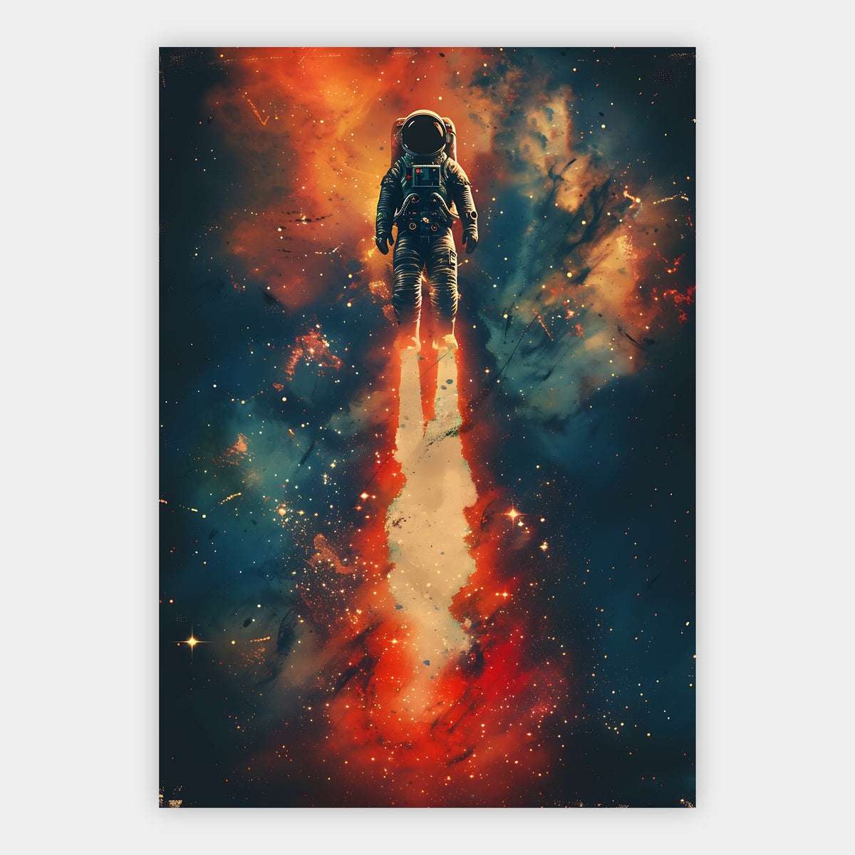 Astronaut schwebt mit leuchtendem Feuerschweif durch ein Sternenfeld