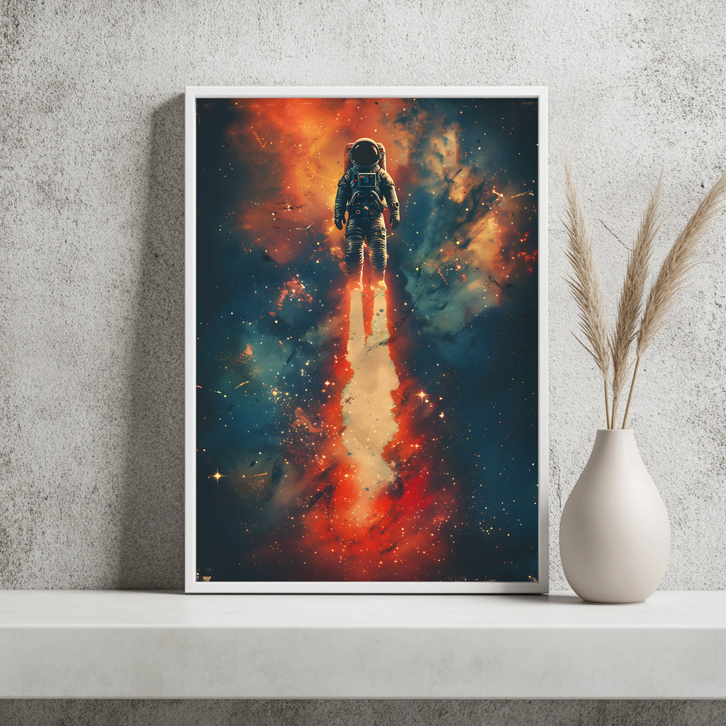 Astronaut schwebt mit leuchtendem Feuerschweif durch ein Sternenfeld