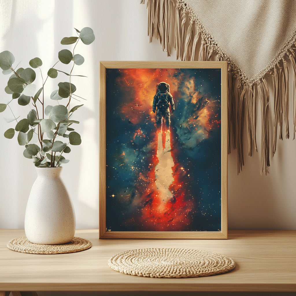 Astronaut schwebt mit leuchtendem Feuerschweif durch ein Sternenfeld