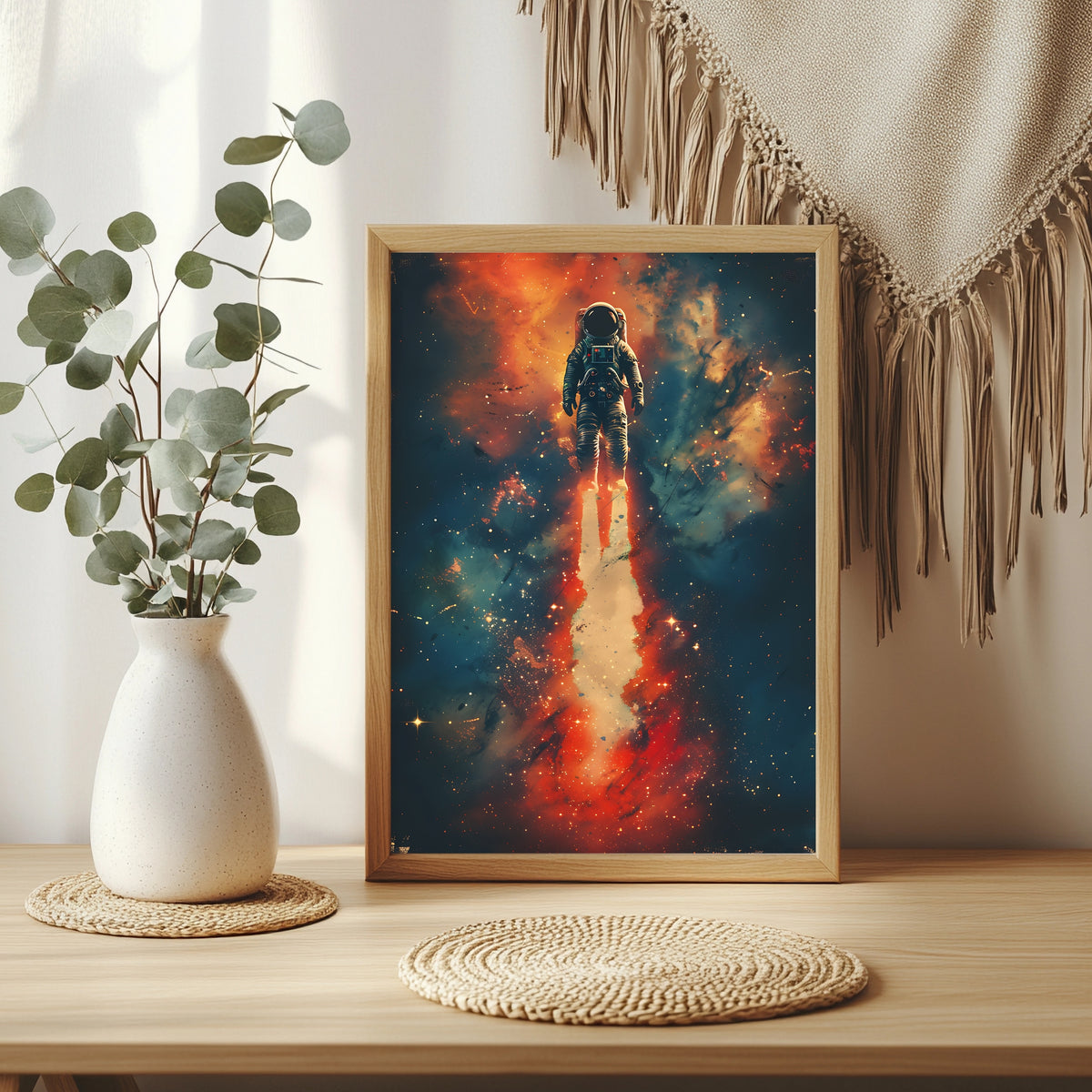 Astronaut schwebt mit leuchtendem Feuerschweif durch ein Sternenfeld