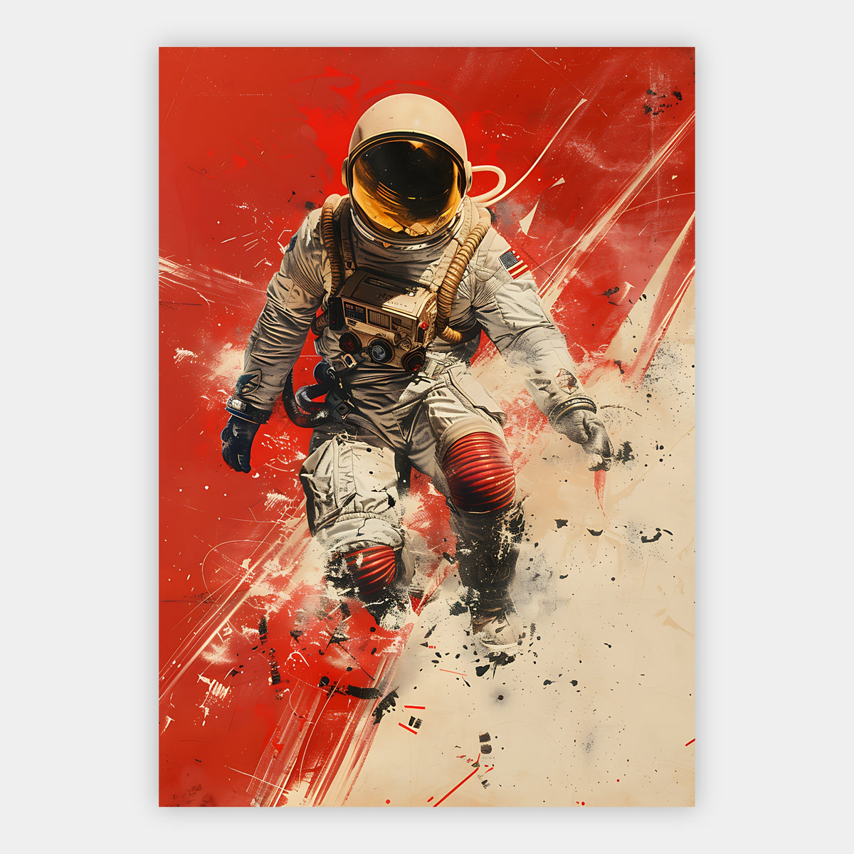 Astronaut mit US-Flagge und goldenem Visier vor rotem Hintergrund