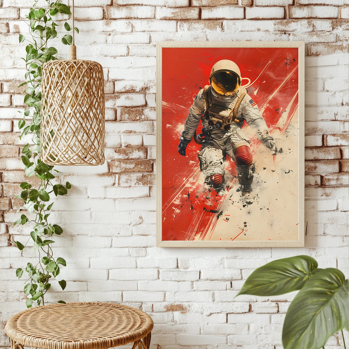 Astronaut mit US-Flagge und goldenem Visier vor rotem Hintergrund