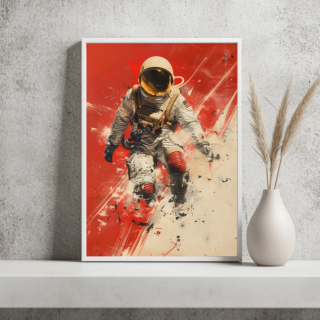 Astronaut mit US-Flagge und goldenem Visier vor rotem Hintergrund
