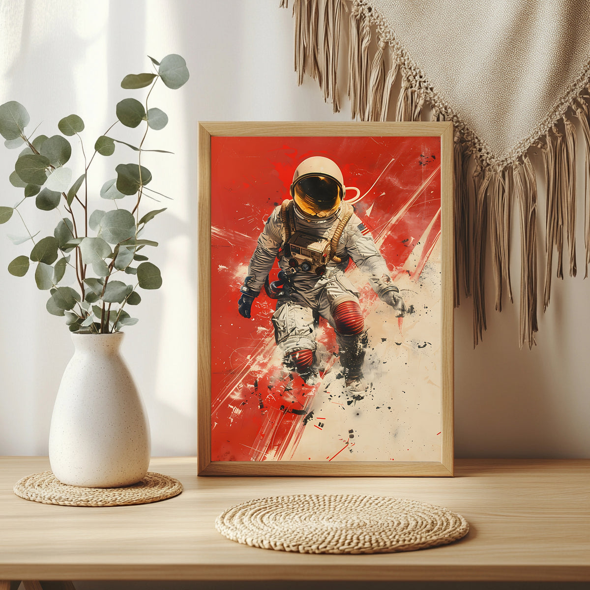Astronaut mit US-Flagge und goldenem Visier vor rotem Hintergrund
