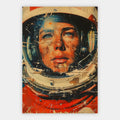 Sommersprossige Astronautin blickt nachdenklich durch ihr Helmvisier