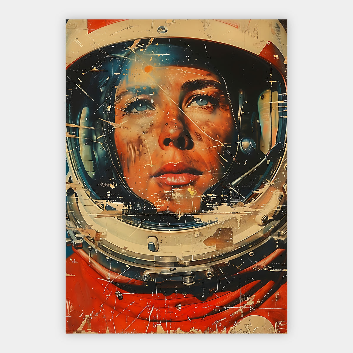 Sommersprossige Astronautin blickt nachdenklich durch ihr Helmvisier