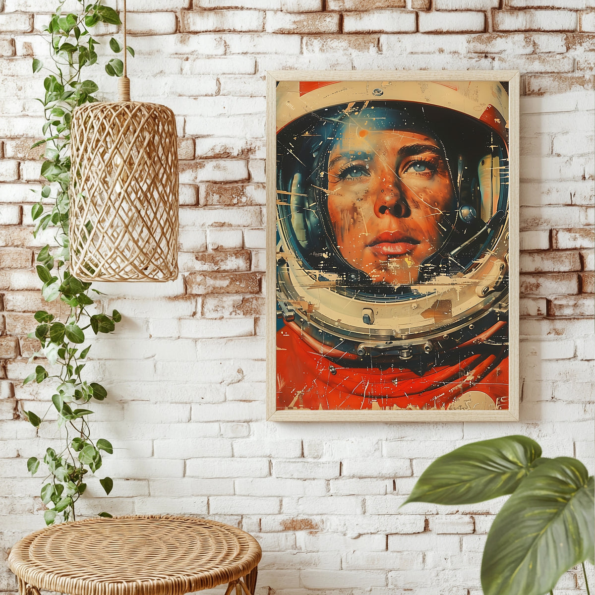 Sommersprossige Astronautin blickt nachdenklich durch ihr Helmvisier