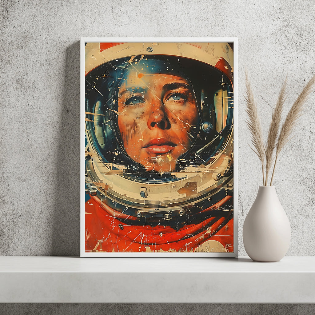Sommersprossige Astronautin blickt nachdenklich durch ihr Helmvisier