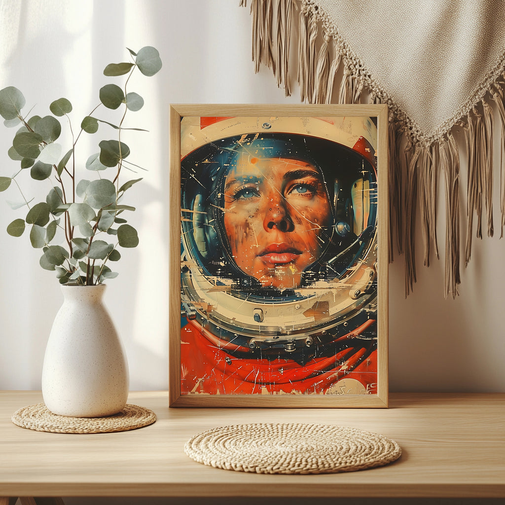 Sommersprossige Astronautin blickt nachdenklich durch ihr Helmvisier