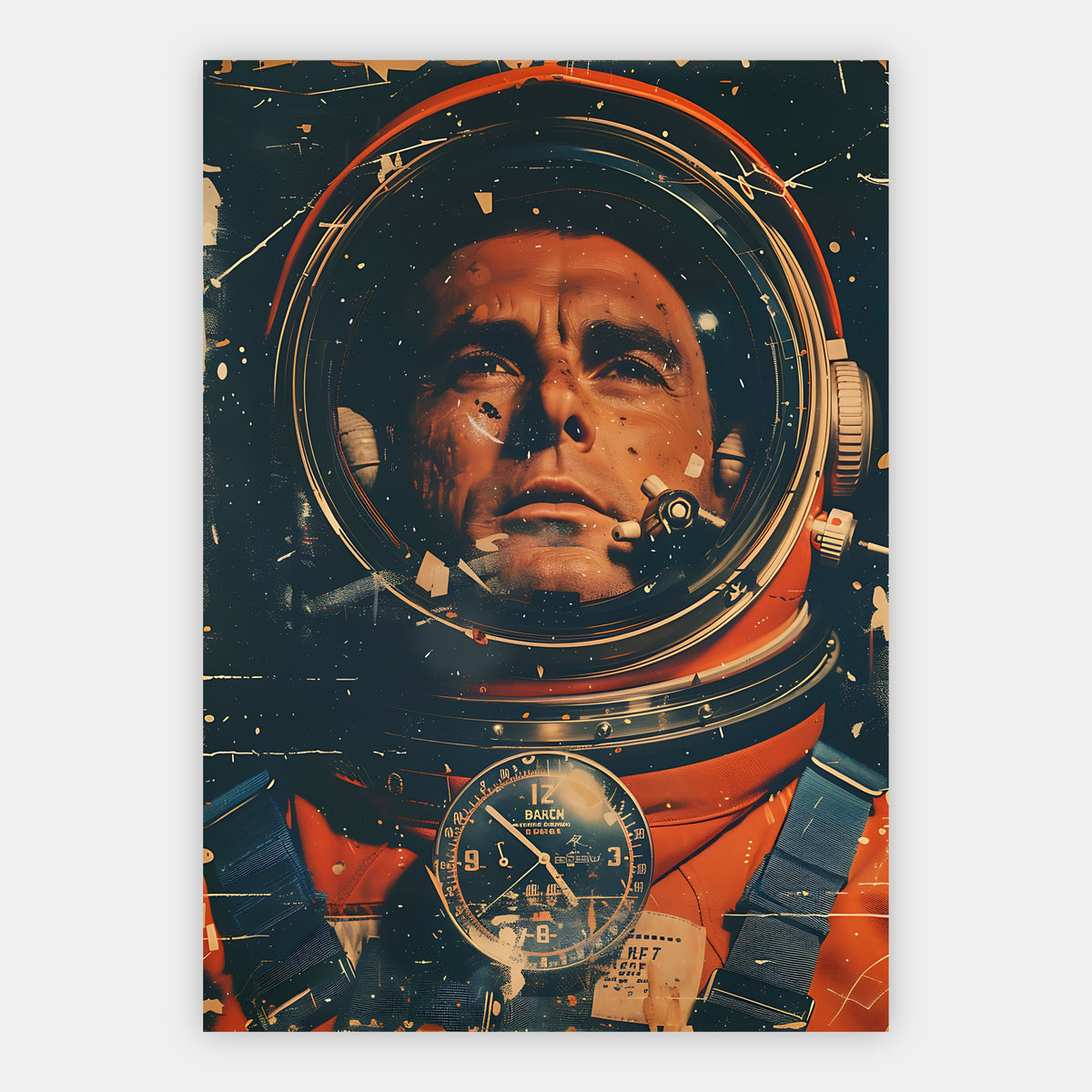 Nahaufnahme des Gesichts eines Astronauten mit antiker Borduhr im Vordergrund