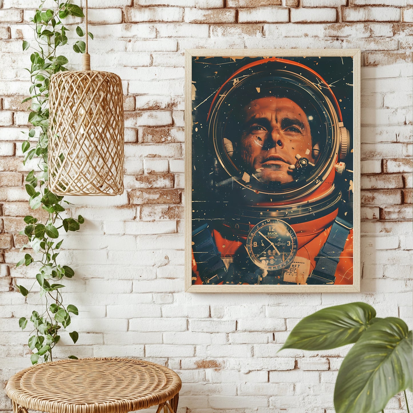 Nahaufnahme des Gesichts eines Astronauten mit antiker Borduhr im Vordergrund