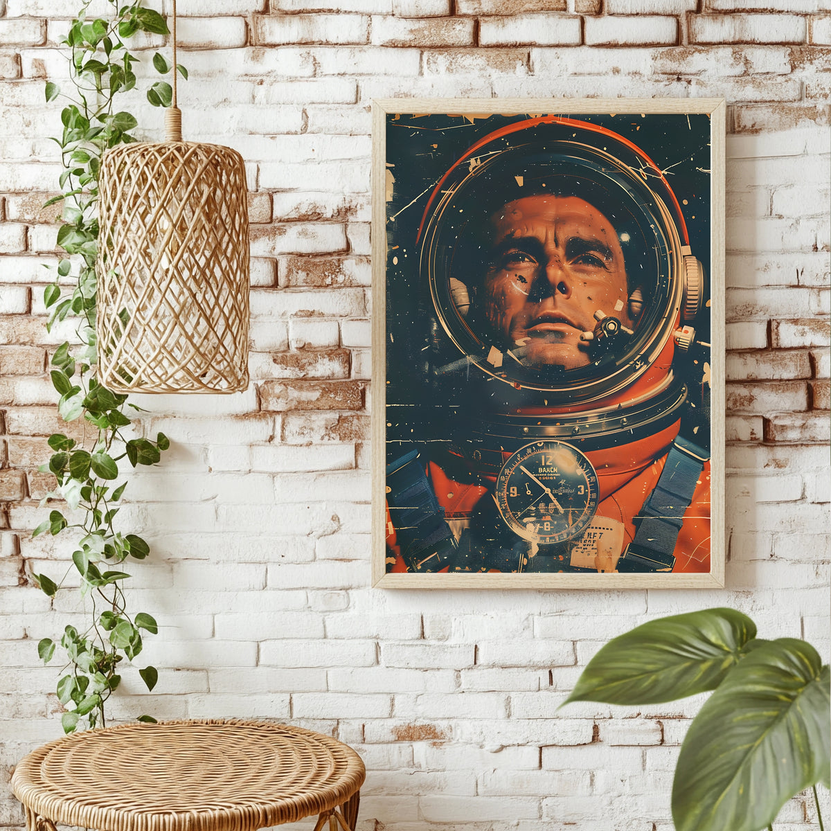 Nahaufnahme des Gesichts eines Astronauten mit antiker Borduhr im Vordergrund
