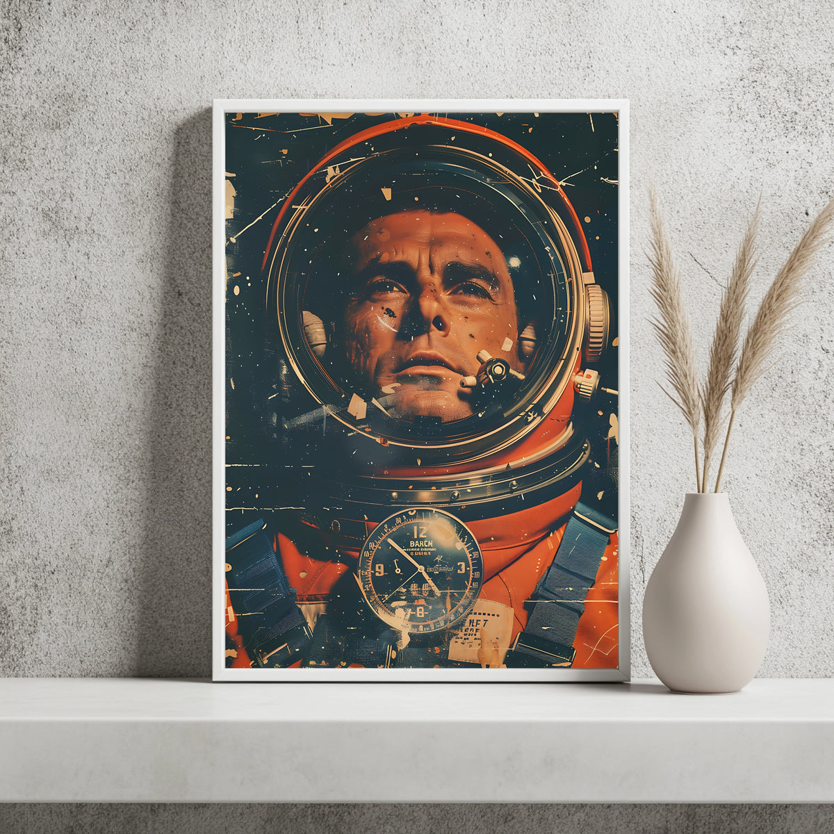 Nahaufnahme des Gesichts eines Astronauten mit antiker Borduhr im Vordergrund