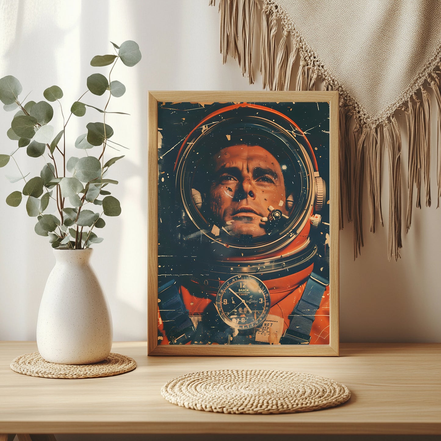 Nahaufnahme des Gesichts eines Astronauten mit antiker Borduhr im Vordergrund