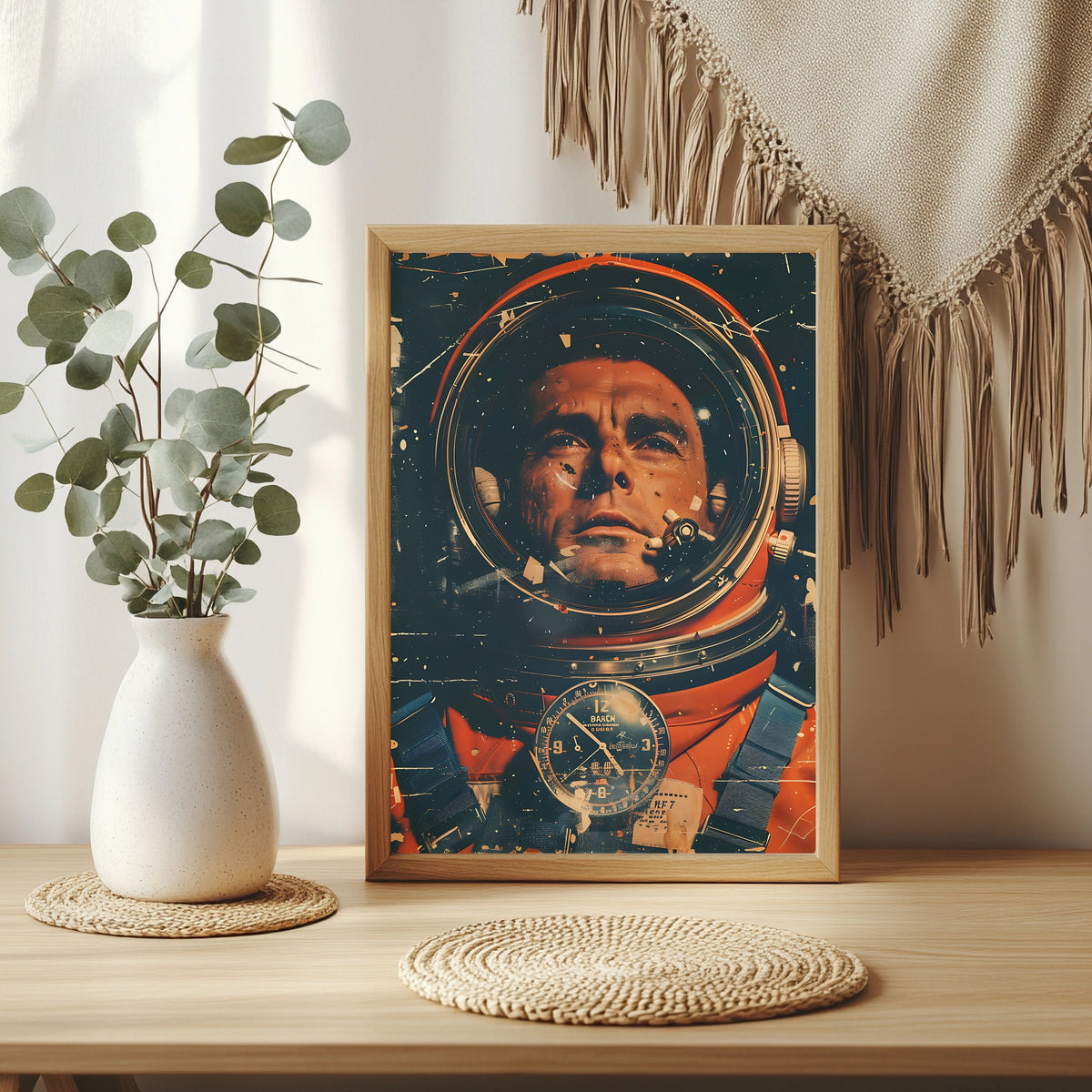 Nahaufnahme des Gesichts eines Astronauten mit antiker Borduhr im Vordergrund