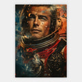 Astronaut inmitten aufwirbelnder Trümmer und Funken, entschlossener Blick