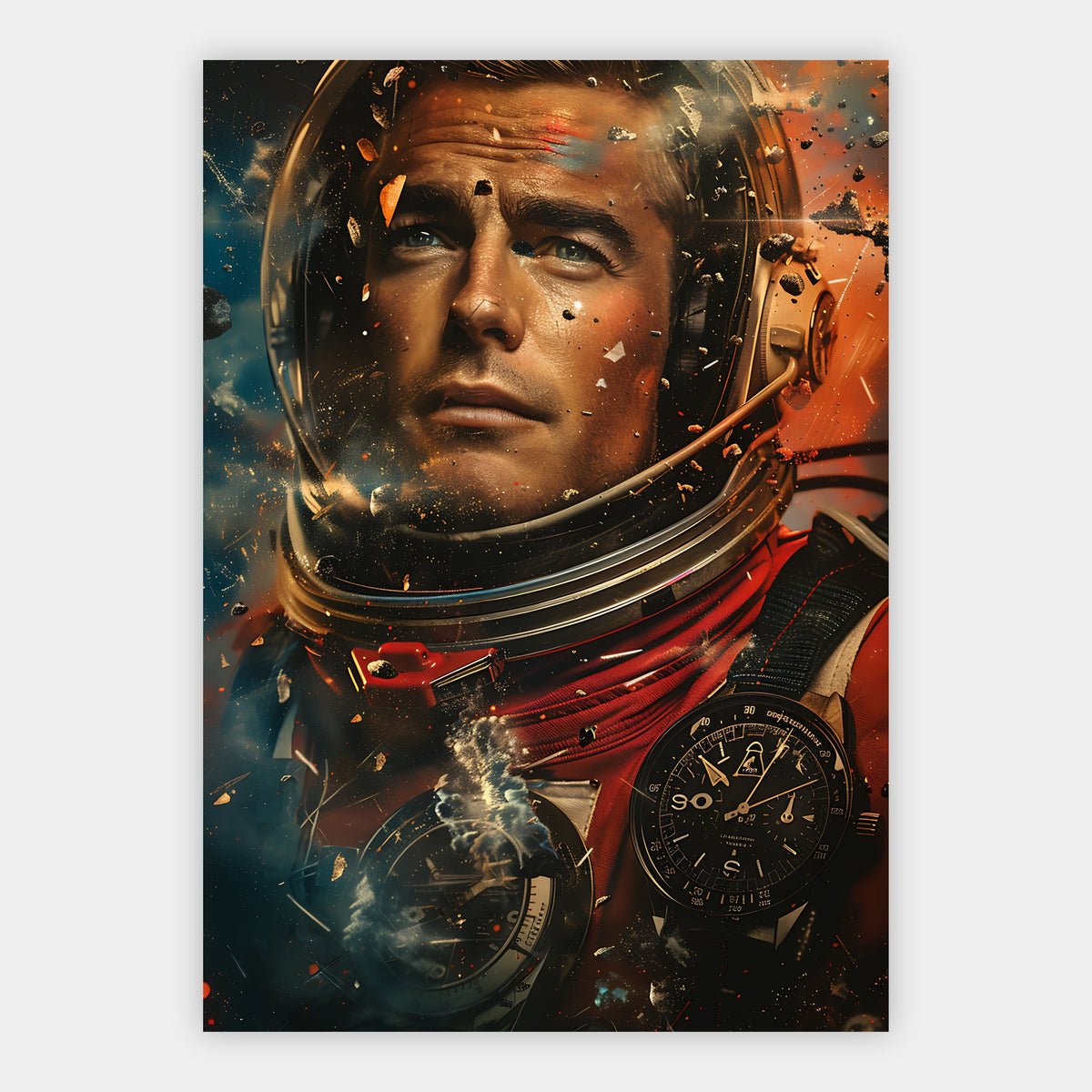 Astronaut inmitten aufwirbelnder Trümmer und Funken, entschlossener Blick