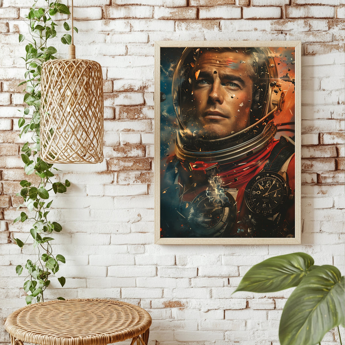 Astronaut inmitten aufwirbelnder Trümmer und Funken, entschlossener Blick