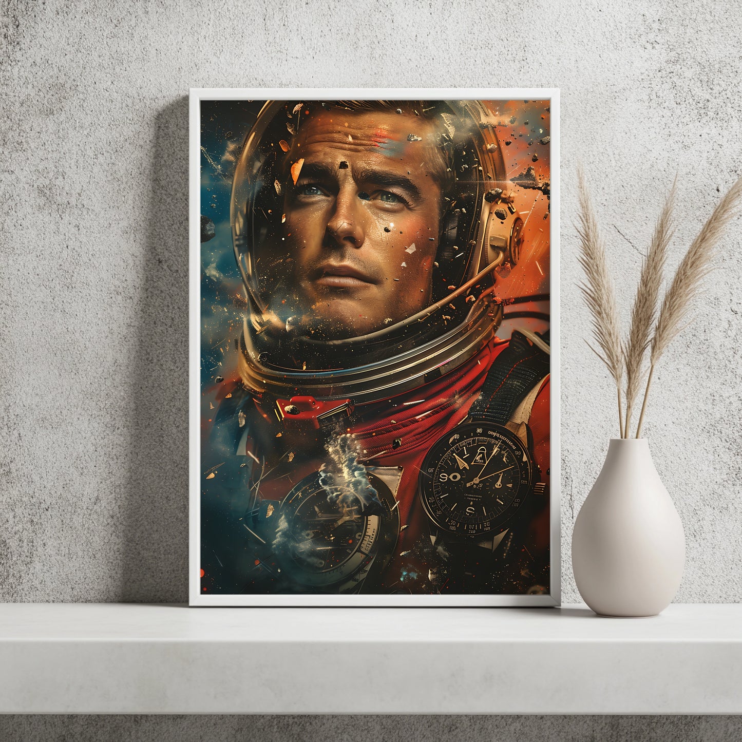 Astronaut inmitten aufwirbelnder Trümmer und Funken, entschlossener Blick