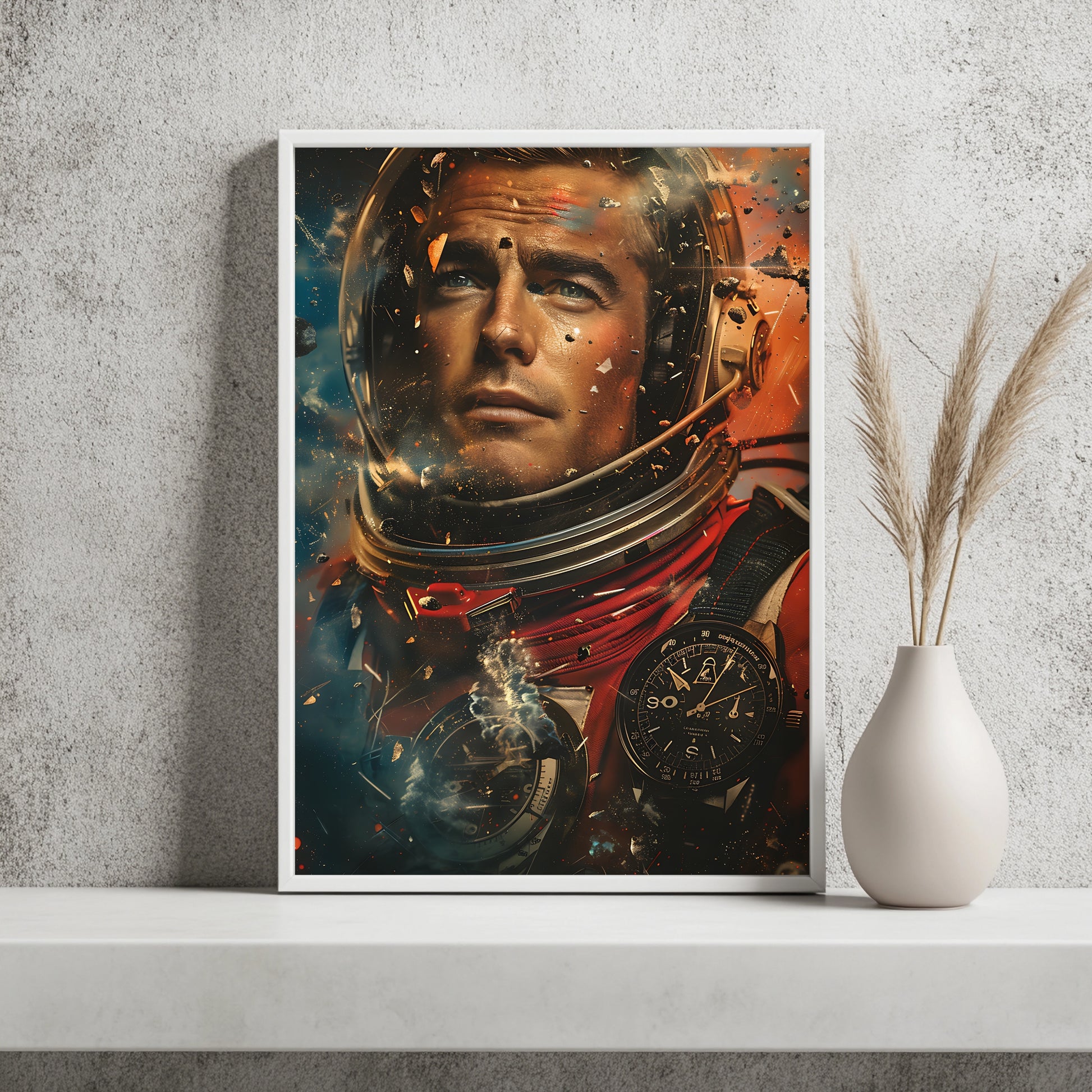 Astronaut inmitten aufwirbelnder Trümmer und Funken, entschlossener Blick