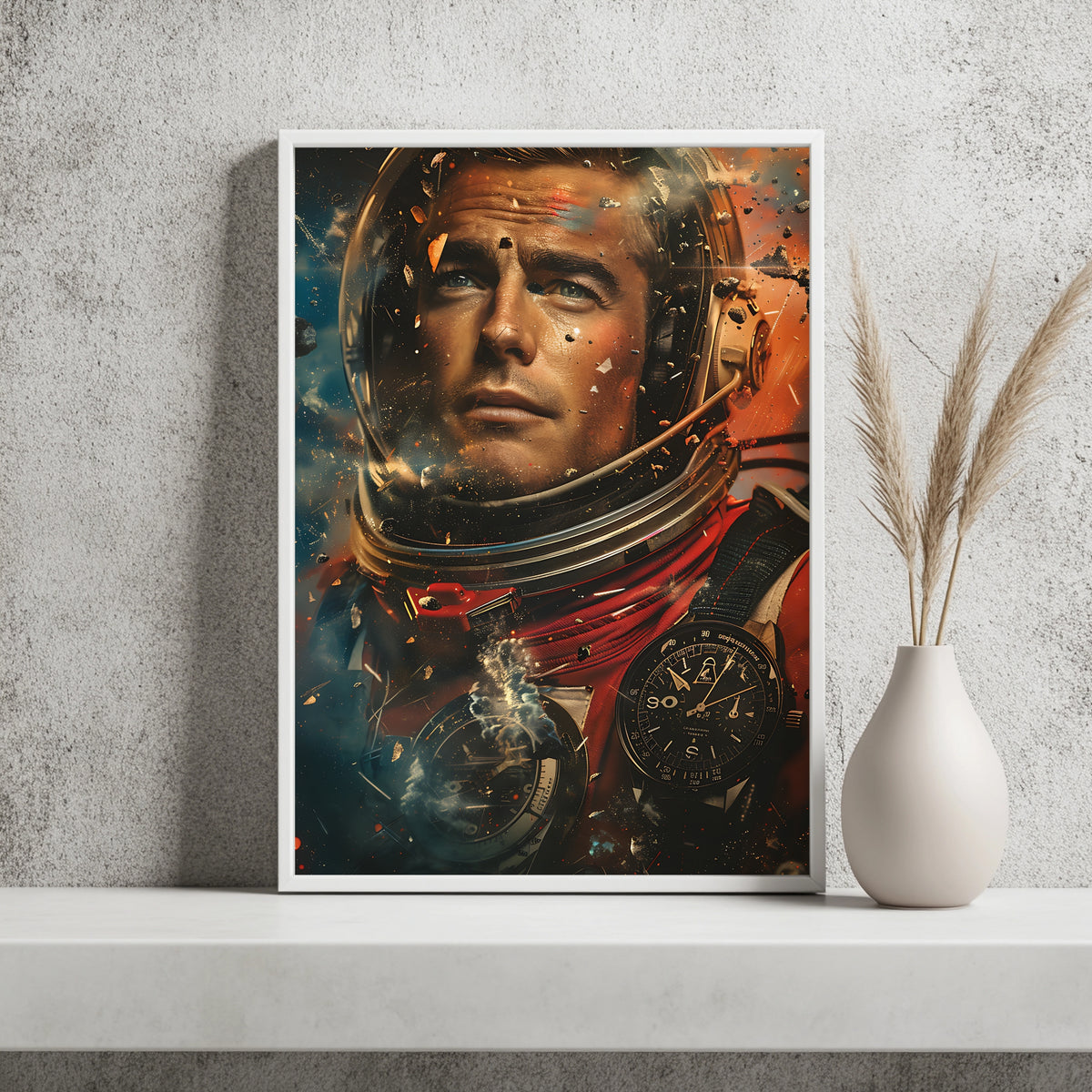 Astronaut inmitten aufwirbelnder Trümmer und Funken, entschlossener Blick